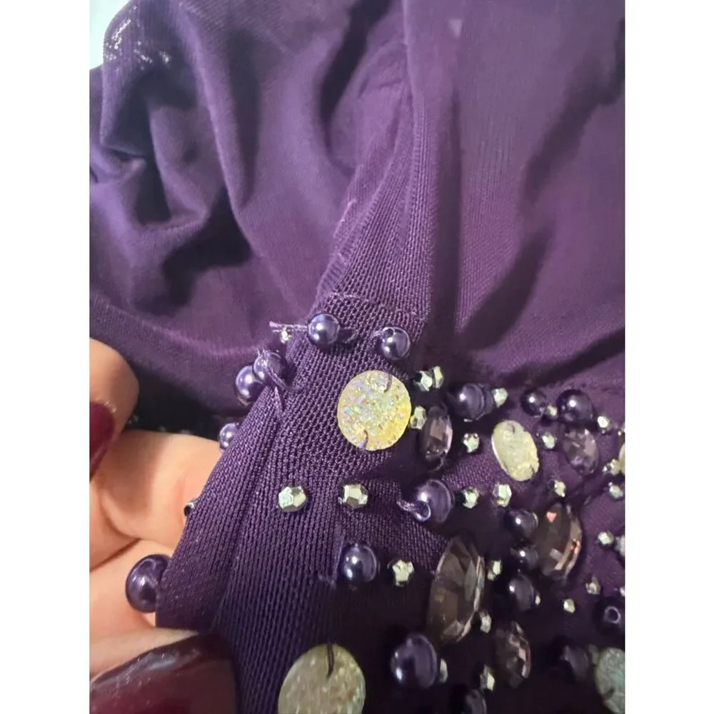 Glamour dance costume purple mesh sequin gem long sleeve leotard XSA adult